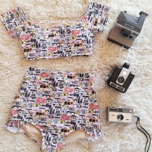 Red Dolly Swimwear Vintage Camera Print High-Waisted Bikini